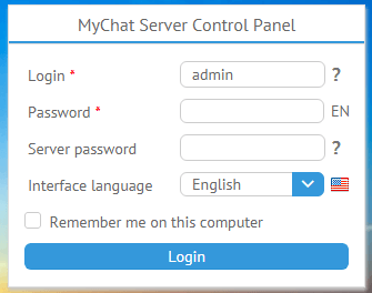 Авторизация в WEB-консоль управления сервером MyChat