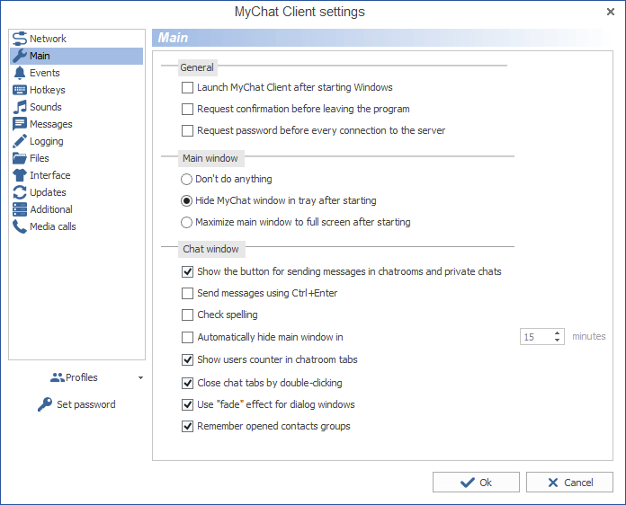 MyChat Client main settings menu