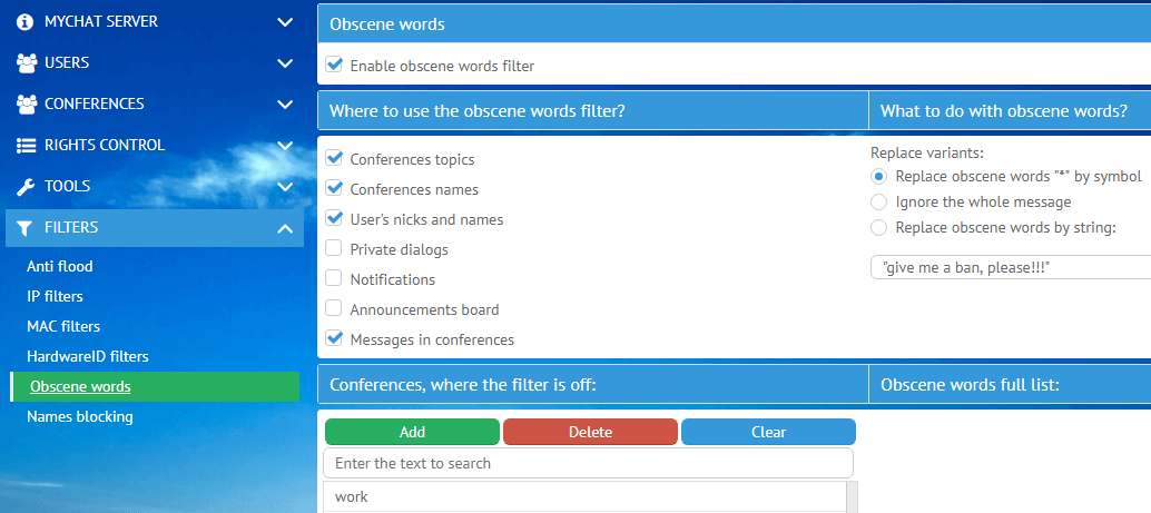 Obscene filters on MyChat Server