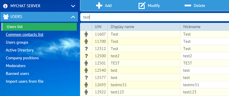 MyChat user management in MyChat Server WEB console